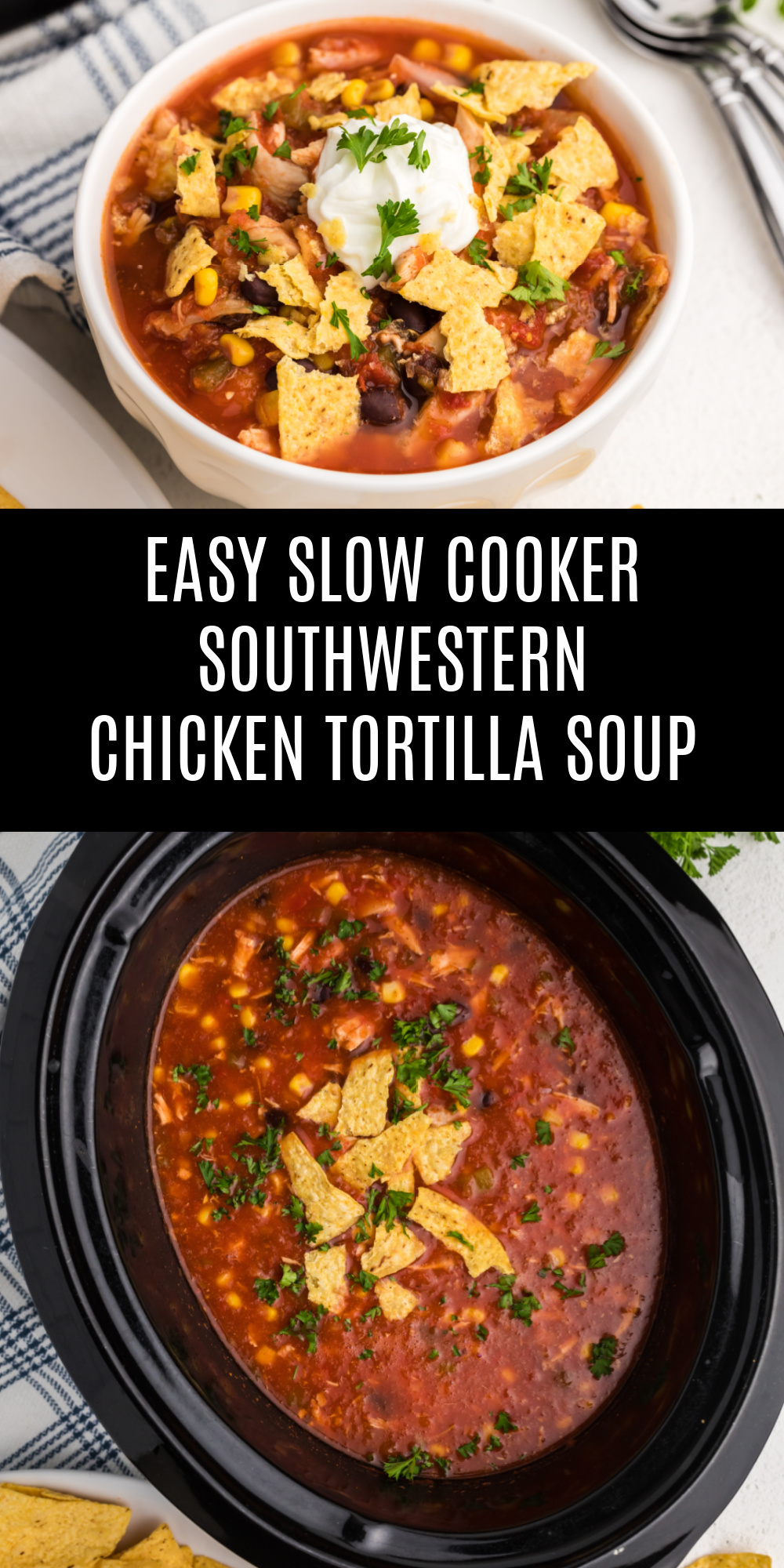 This One-Pot Southwestern slow cooker chicken tortilla soup is infused with herbaceous cilantro, smokey chili powder, a bit of spice from green chile peppers, tomatoes, corn, black beans, onions, and chicken. Making for a luscious brothy Mexican-inspired chicken soup topped with a mound of cheese and tortilla chips for a belly-warming dinner after a long day at work. It's the perfect freezer chicken dump meal for those days you just don't want to cook!