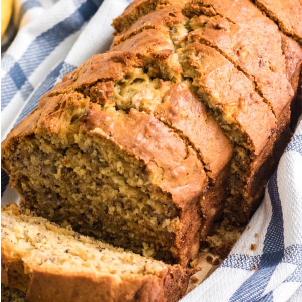 Moist Banana Bread Recipe sliced and ready to serve
