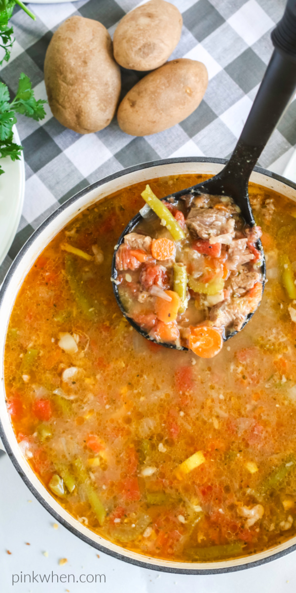 Vegetable Beef Soup is a hearty and delicious filling soup made with boneless beef short ribs, elbow macaroni, and is loaded with vegetables, seasonings, and packed full of mouthwatering flavors. Perfectly served with delicious skillet cornbread.