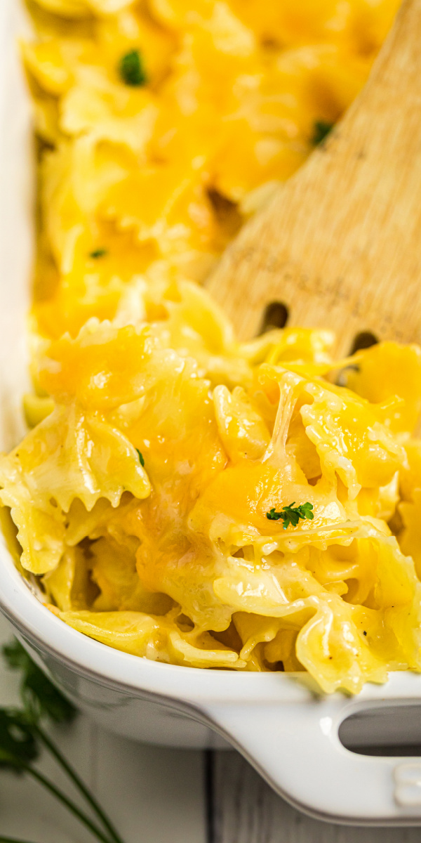 This delicious bowtie mac and cheese is made with freshly shredded cheeses, sour cream, butter, and more. It's a delicious side dish that's ready in less than 30 minutes.