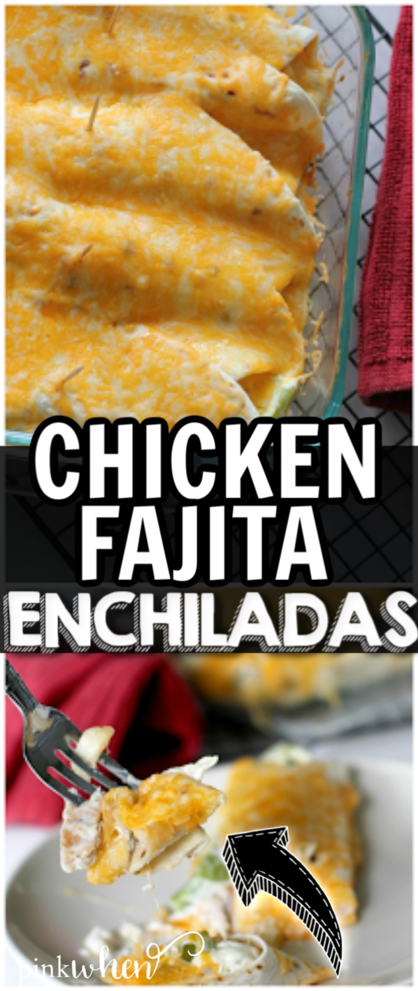 Chicken Fajita Enchiladas are a quick and easy 30-minute meal your whole family will enjoy. These easy fajita enchiladas are perfect for game day, a quick weeknight meal, or even Taco Tuesday. #chickenenchiladas #fajitaenchiladas
