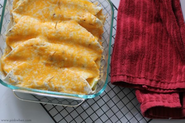 Chicken Fajita Enchiladas covered in cheese in glass baking dish. 