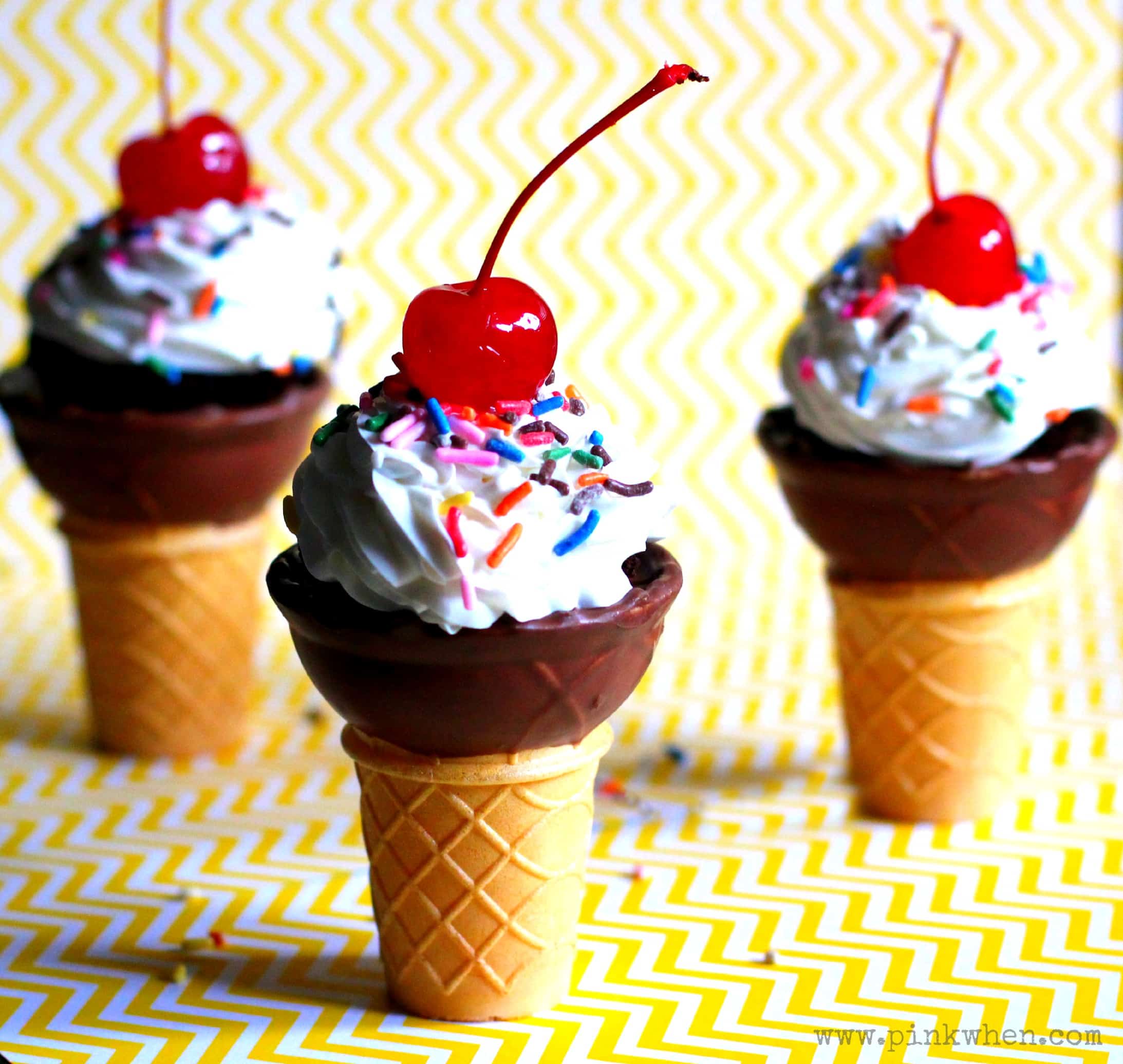 Chocolate Sundae Fudge Dipped Cupcake Cones via PinkWhen.com