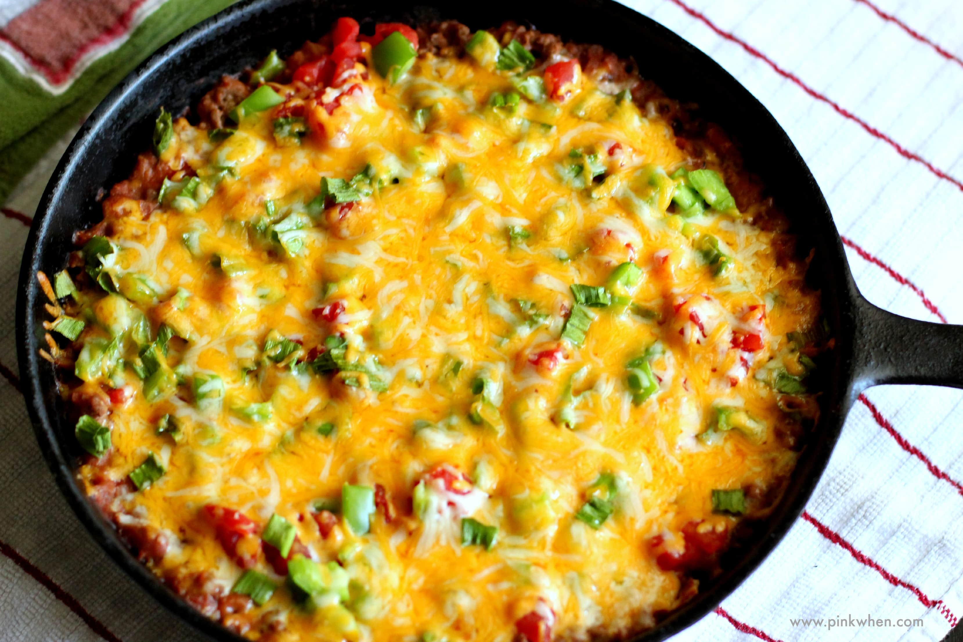 Skillet Beef and Bean Taco Casserole on white table.