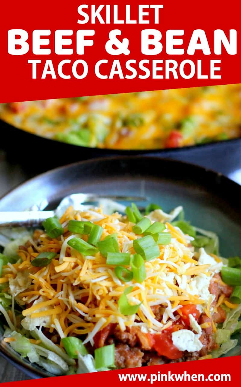 This beef and bean taco casserole is made in a skillet, then served on a bed of lettuce with cheese, onion, peppers, and more. Made in 30 minutes! #tacocasserole #quickdinner #30minutemeal