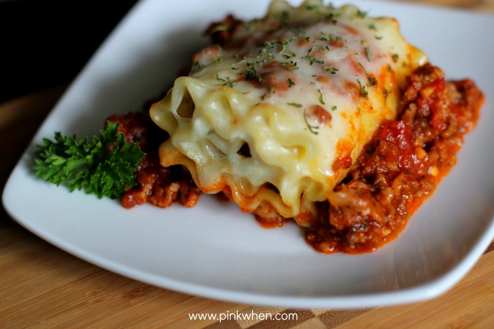 Lasagna Roll Ups on a white plate. 
