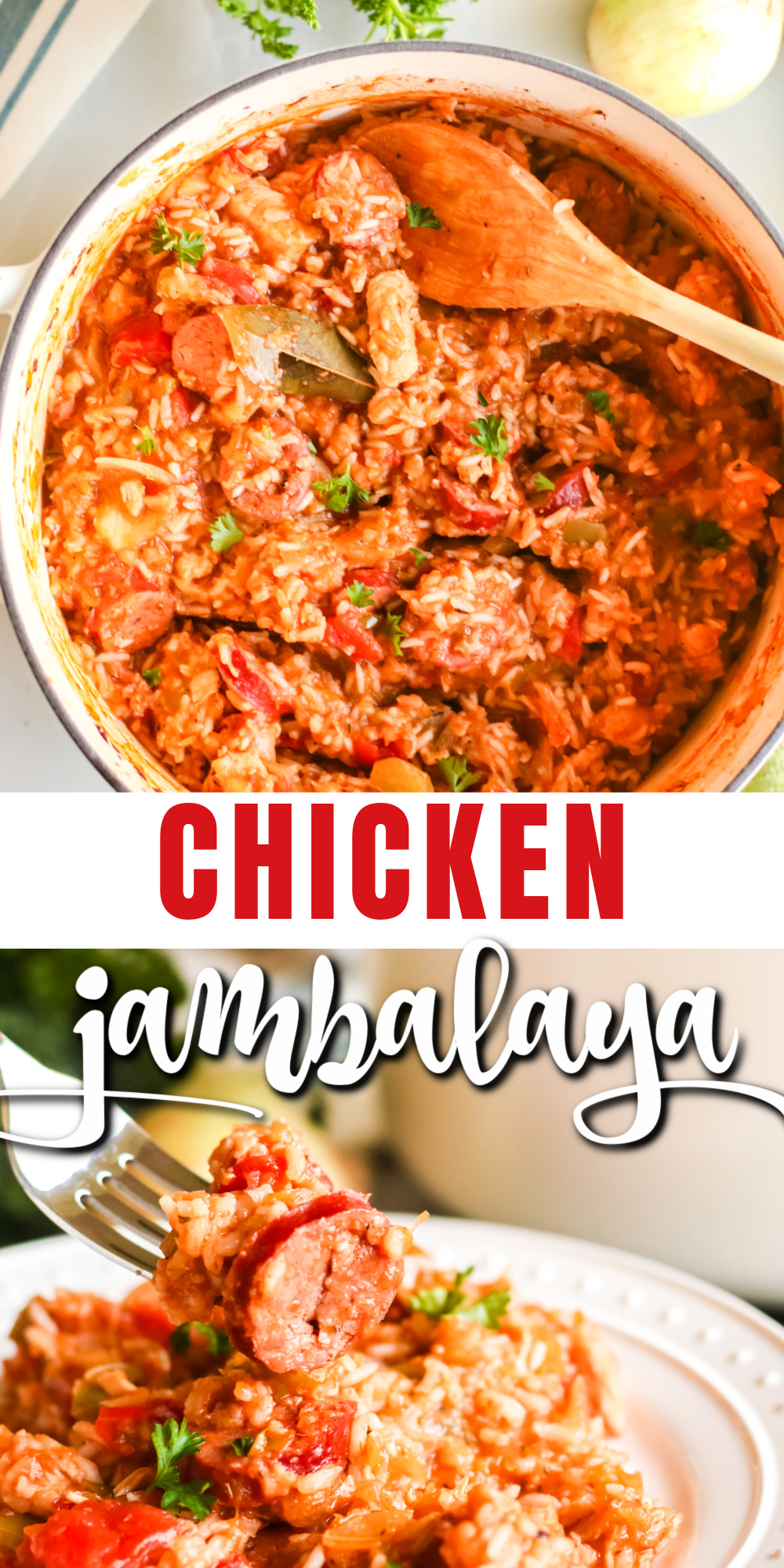 This chicken jambalaya recipe is a unique and classic recipe often made in the south. It's a delicious, filling recipe that's made with chicken, sausage, bell peppers, onion, celery, and delicious seasonings. It's the perfect easy family recipe to serve a big crowd and makes great leftovers.