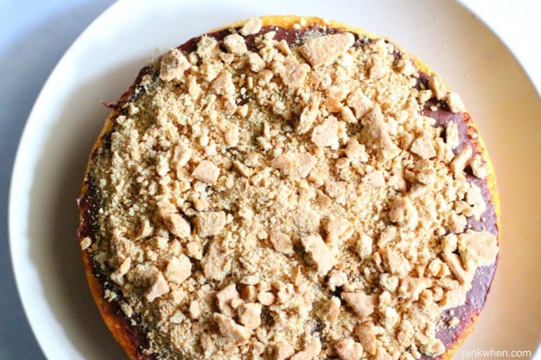 S'mores Cake bottom cake with crushed graham crackers. 