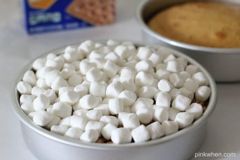 Marshmallows on top of cake in a baking dish. 