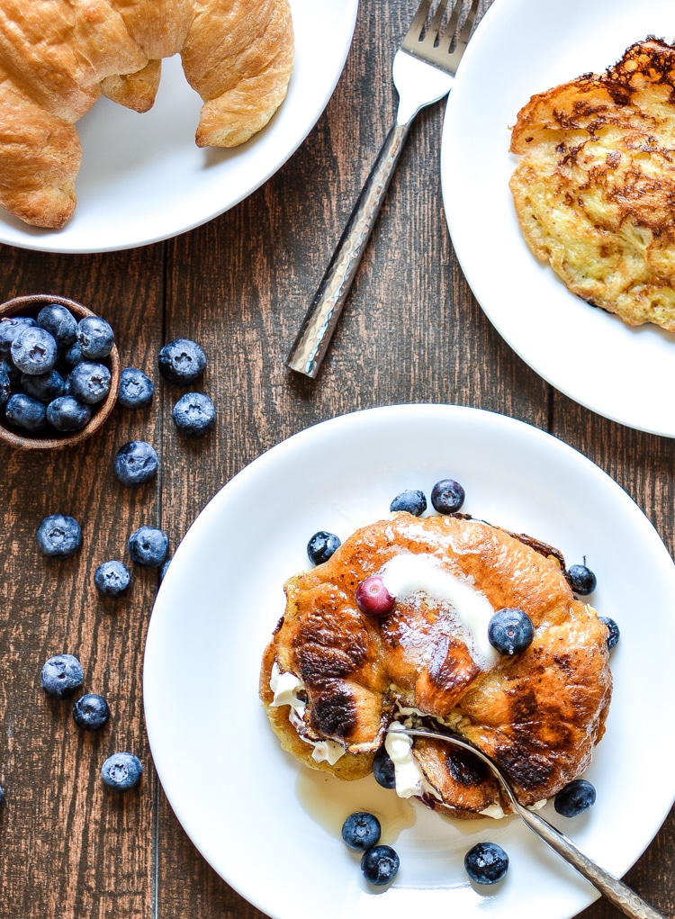 Decadent Blueberry Stuffed Croissant French Toast with Bacon. www.pinkwhen.com