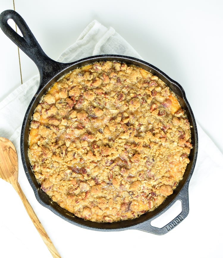 Skillet Sweet Potato Casserole with Bacon, Brown Sugar Crumble