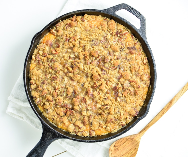 Skillet Sweet Potato Casserole with Bacon, Brown Sugar Crumble