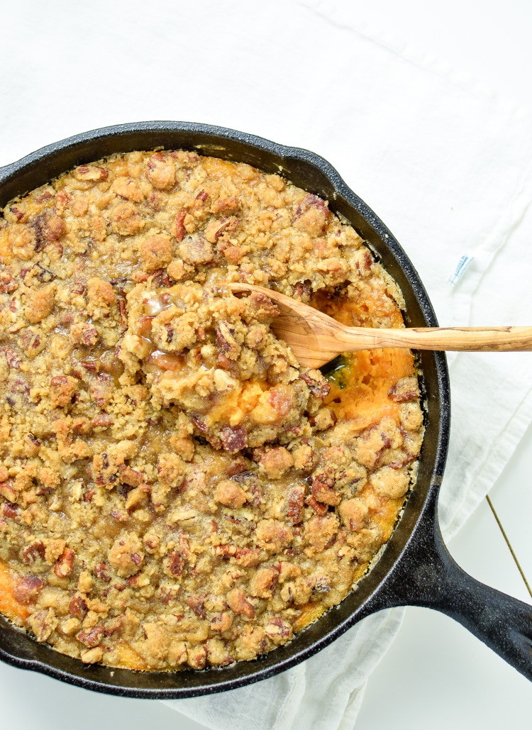 Skillet Sweet Potato Casserole with Bacon, Brown Sugar Crumble