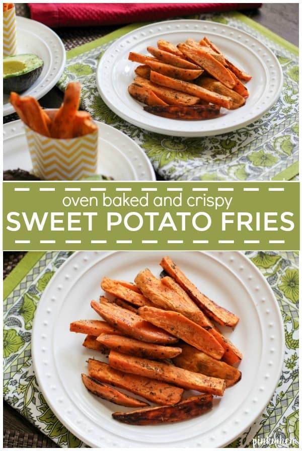 oven baked sweet potato fries on a white plate in a collage of two photos.