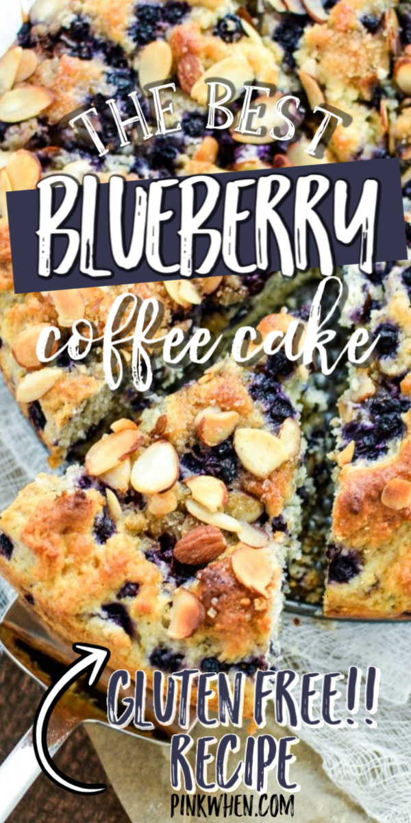 This easy Gluten Free Blueberry Coffee Cake Recipe bursts with flavor. The filling comes out perfect every time after baking and you can create it with fresh blueberries or frozen making it a great option for last minute guests! Topped with roasted almonds for and amazing breakfast or dessert.