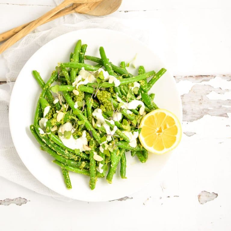 Snap Pea and Green Bean Salad with Arugula Pesto
