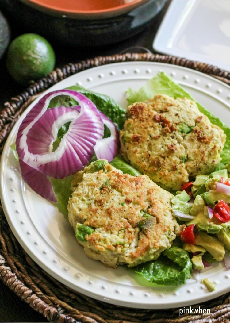 Chicken Avocado Burger Recipe with modified Avocado Salsa on a white plate