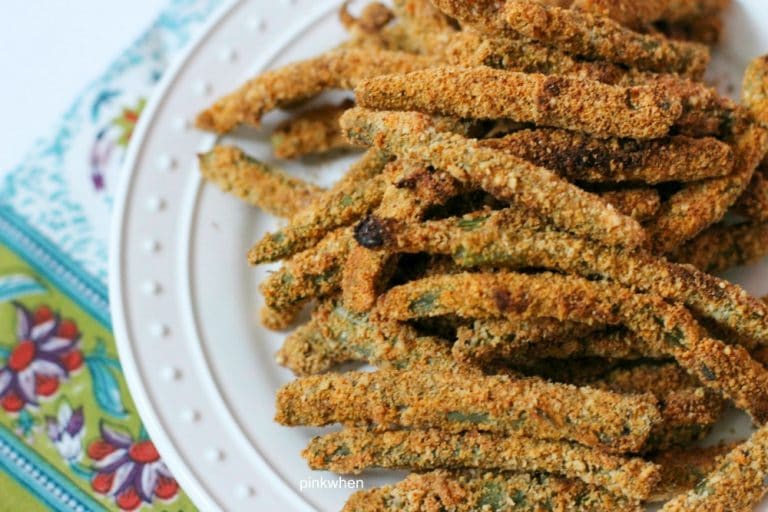 Crispy Baked Green Bean Fries on a white plate.