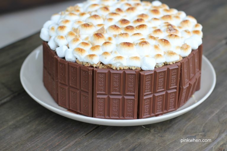 Smores Cake on white plate and on top of a wooden table