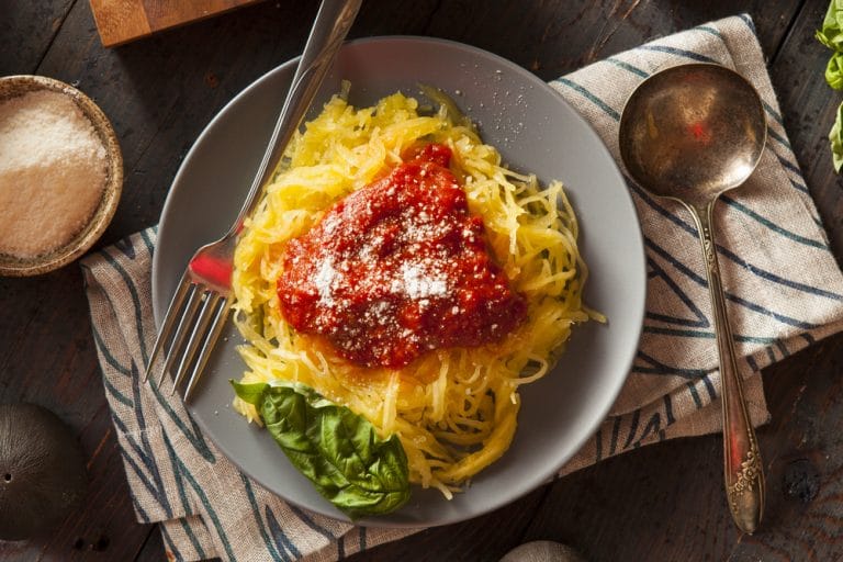 This low carb dinner of Spaghetti Squash & Tomato Basil Meat Sauce is both paleo and gluten free and chock full of amazing flavor. 