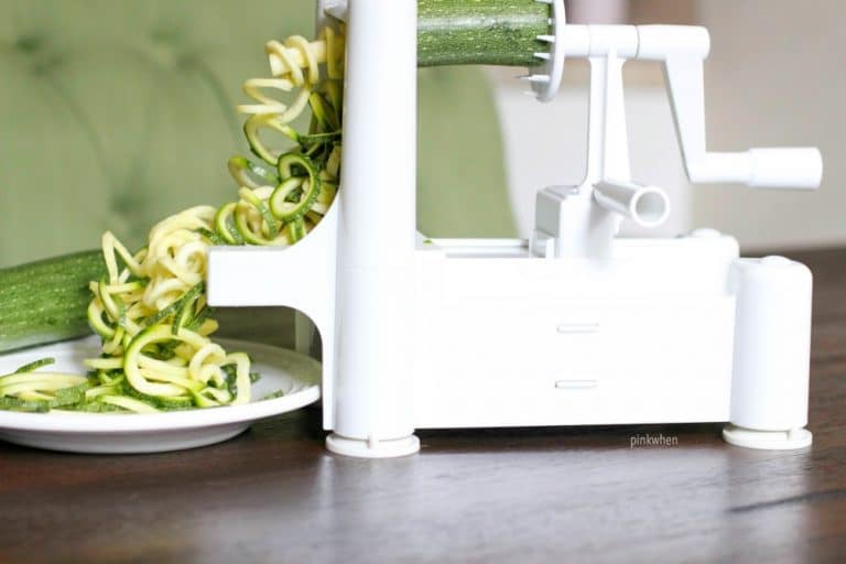 Using the spiralizer to make easy zucchini noodles and pesto for dinner. 