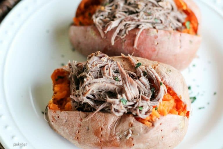 Shredded roast beef on sweet potatoes