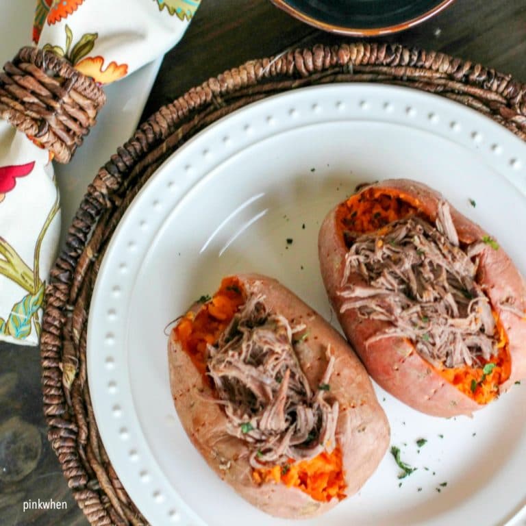 Shredded roast beef on sweet potatoes