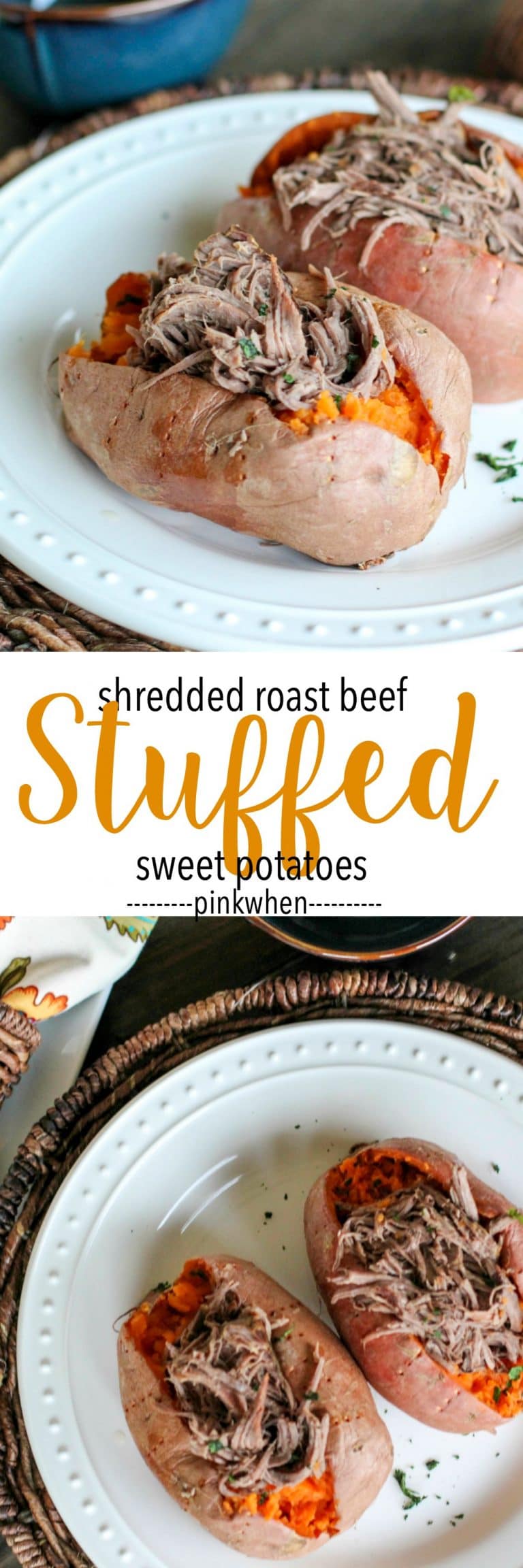 Shredded Roast Beef Stuffed Sweet Potatoes on white plate