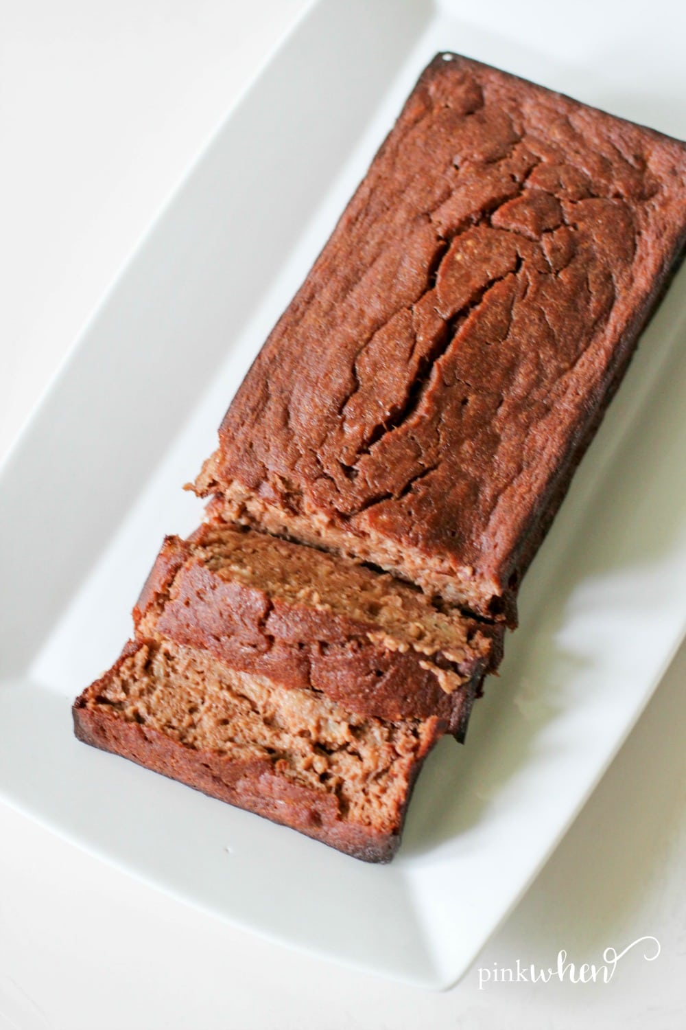 skinny chocolate banana bread on a white serving tray