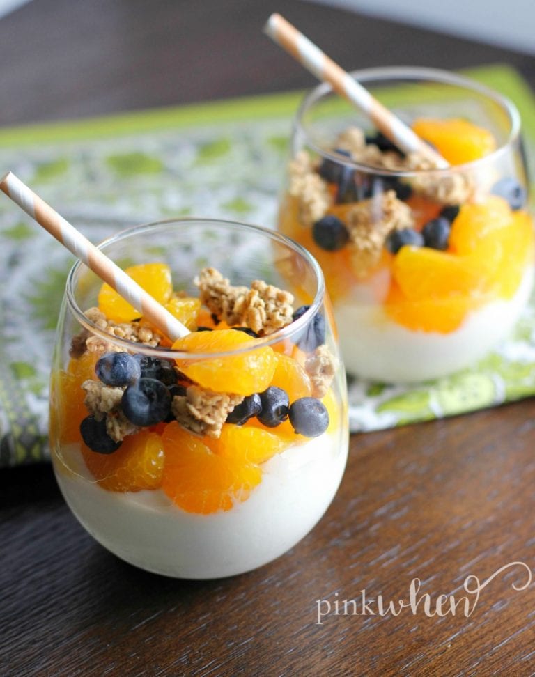 This mandarin orange and blueberry yogurt parfait is a clean and healthy dessert!