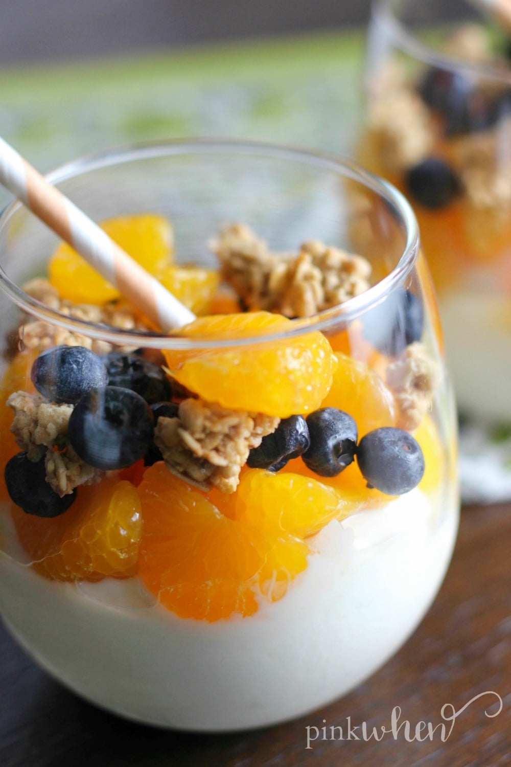This mandarin orange and blueberry yogurt parfait is a clean and healthy dessert! 