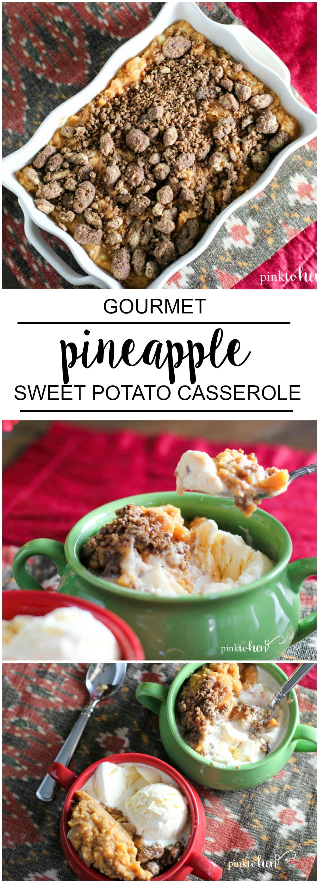 The best thing about this holiday dish is that this Pineapple Sweet Potato Casserole with Candied Pecans recipe can double as a dessert! Serve it as a side, and then serve it later with a little vanilla ice cream for a sweet treat. 