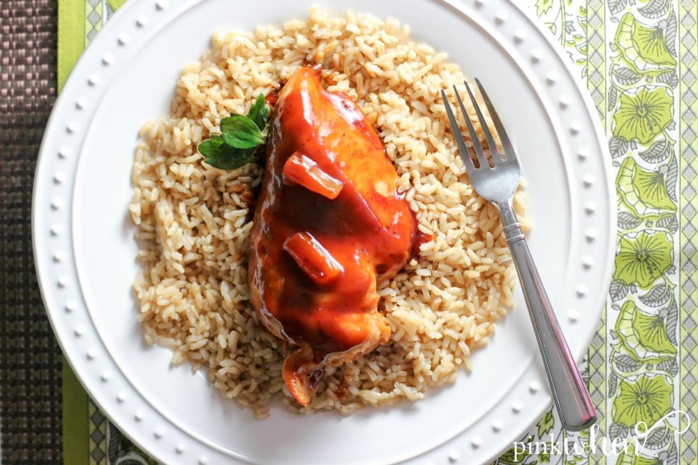 Instant Pot Hawaiian Chicken on a bed of rice on a white plate. 
