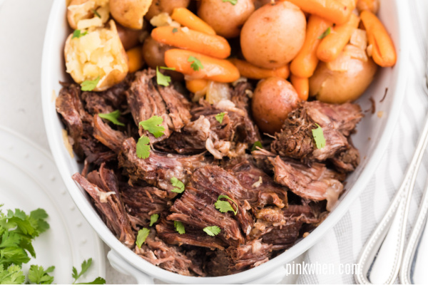 Pot Roast from the pressure cooker shredded and ready to serve.