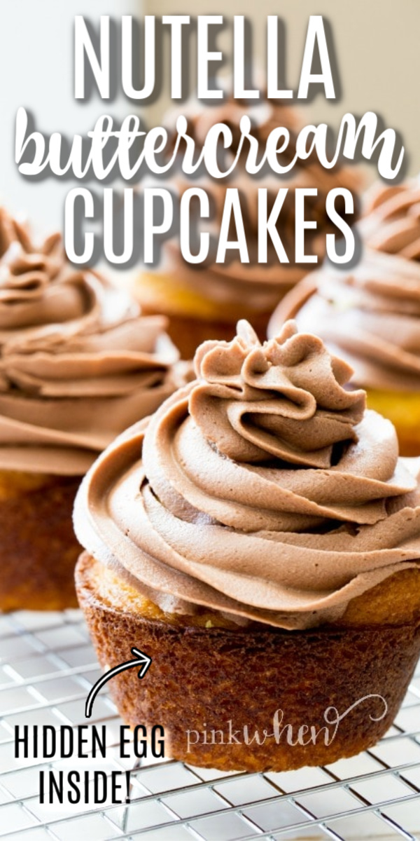 These delicious Easter themed cupcakes are topped with a Nutella buttercream frosting and have a hidden Cadburry egg inside!