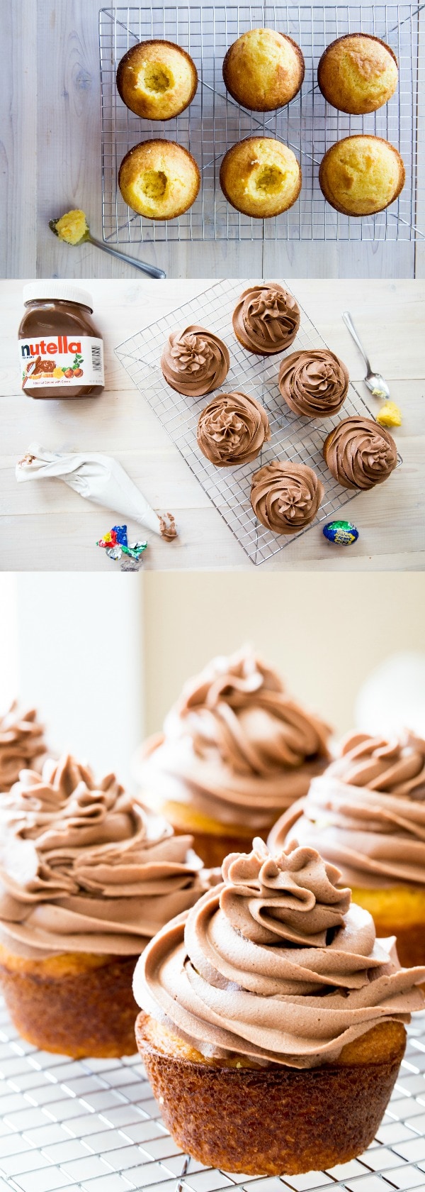 Nutella Buttercream Cupcakes with Hidden Cadbury Egg inside! #Easterdessert #hiddensurprise #nutellacupcakes