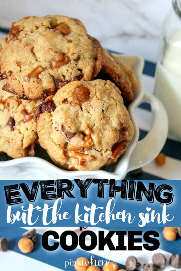Kitchen sink cookies are made with chocolate, peanut butter, and butterscotch chips. Salty pretzels, caramel, coconut slivers, and more. Add or take away your favorite ingredients to change these up to your liking. A fun cookie recipe the whole family will enjoy. #kitchensinkcookies #everythingbutthekitchensink #cookierecipe 