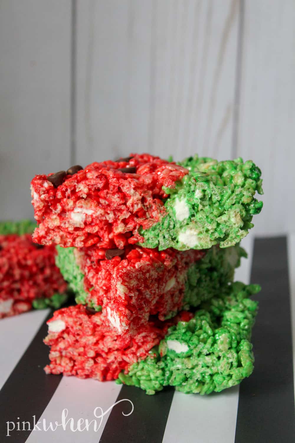 This is a new favorite no bake dessert that has been a hit in our household! These watermelon rice krispie treats are gooey, sweet, delicious, and so much fun! They are sure to be a huge hit with the kids and they will have a blast making them.