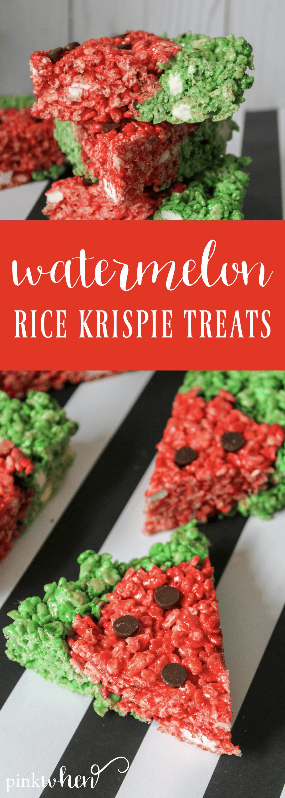 This is a new favorite no bake dessert that has been a hit in our household! These watermelon rice krispie treats are gooey, sweet, delicious, and so much fun! They are sure to be a huge hit with the kids and they will have a blast making them.