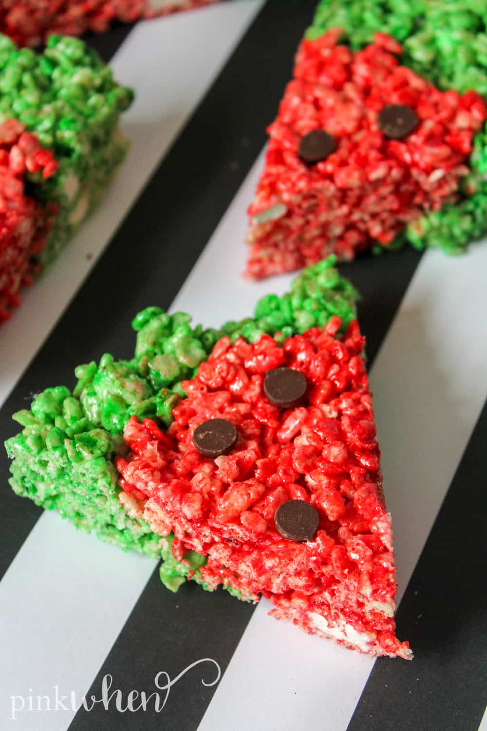 This is a new favorite no bake dessert that has been a hit in our household! These watermelon rice krispie treats are gooey, sweet, delicious, and so much fun! They are sure to be a huge hit with the kids and they will have a blast making them.