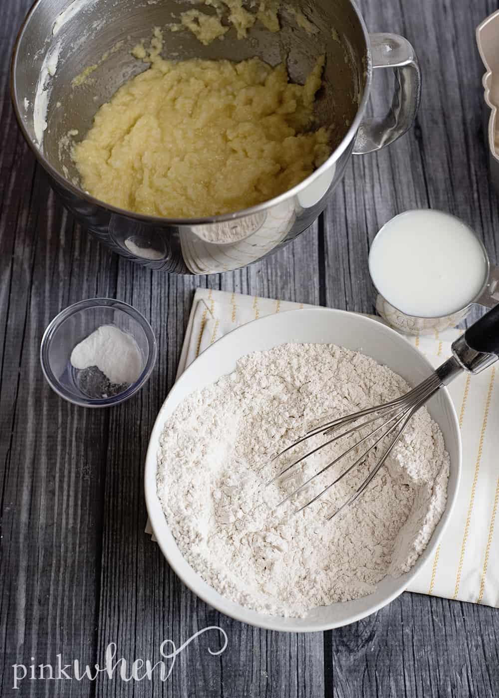 Bundt Cake Recipe ingredients on a table. 