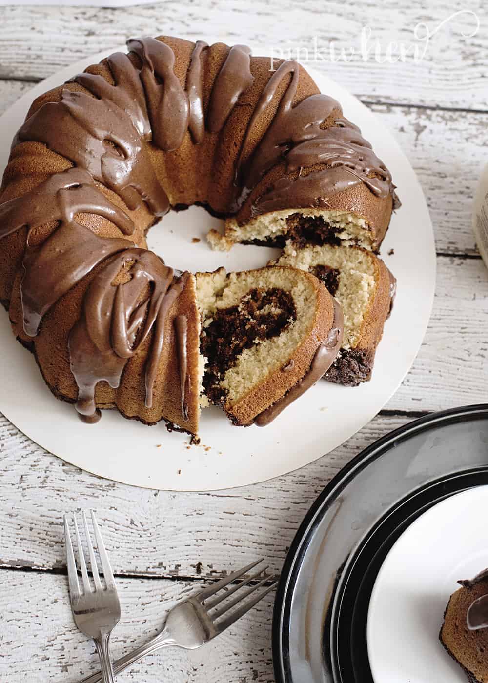 Hershey chocolate filled bundt cake on a table. 