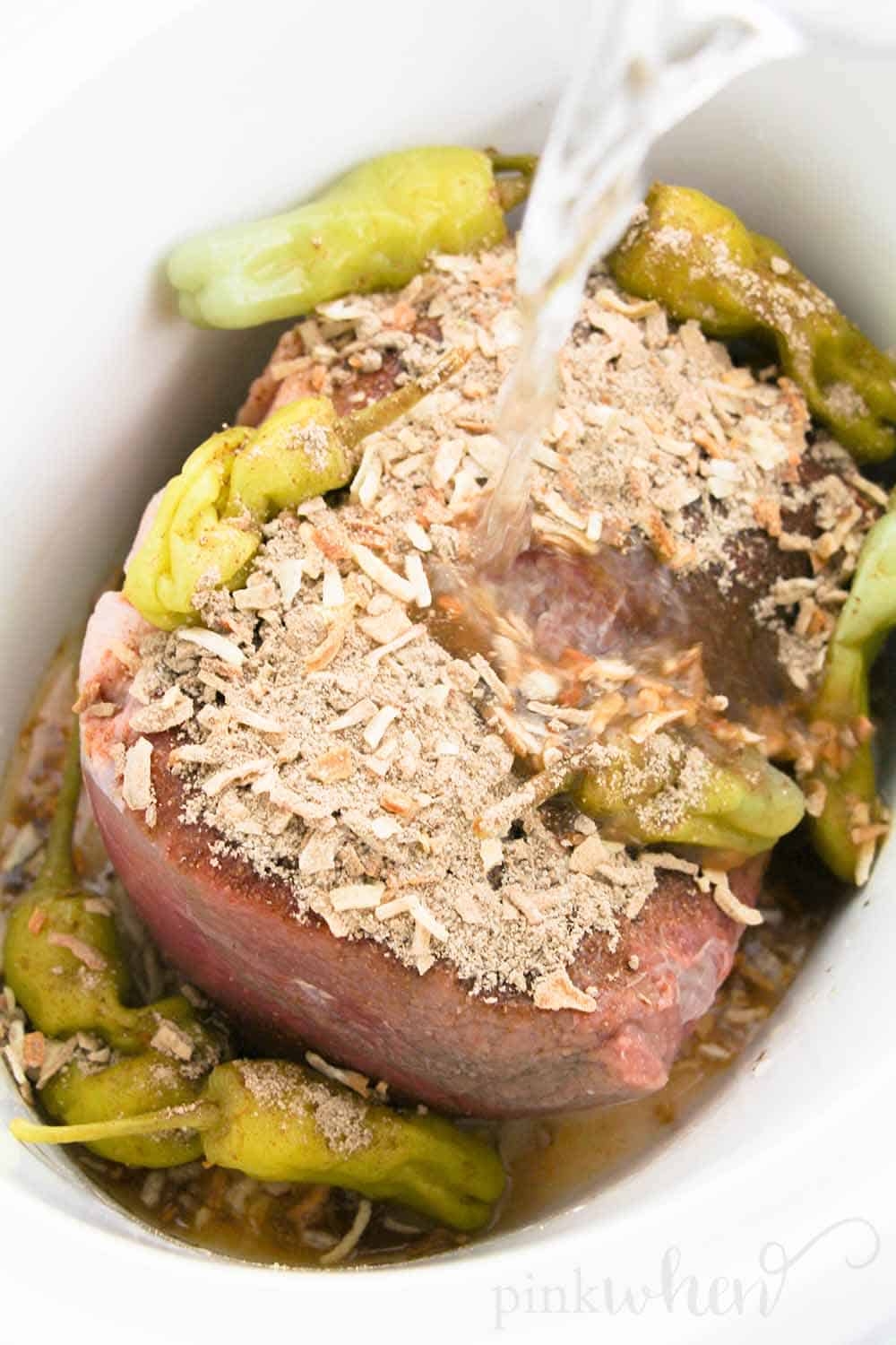 Roast, dried onion, ranch packet, peppers, and broth. 