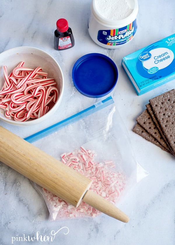 Crushed candy canes and ingredients for cream cheese dip