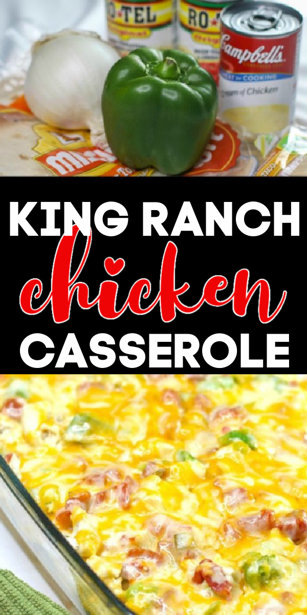 Family Approved Easy Recipe! This hearty and delicious King Ranch Chicken Casserole is made with chicken, ranch, cheese, chips, seasonings, and more. It's a delicious and easy recipe that will have your friends and family devouring it fast!