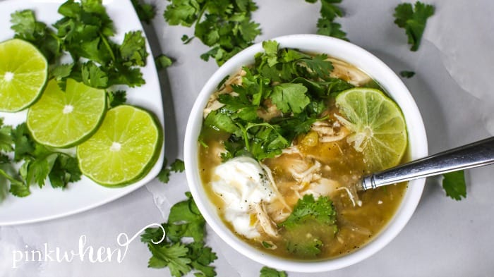 White Chicken Chili in a white bowl. 