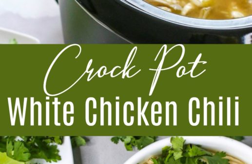 White Chicken Chili in a Crock Pot and served in a bowl.
