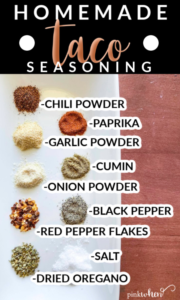 Taco seasoning on a white plate with name of individual seasonings. 