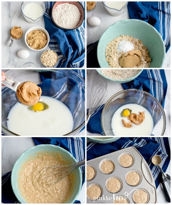 Collage of photo steps to make peanut butter muffins