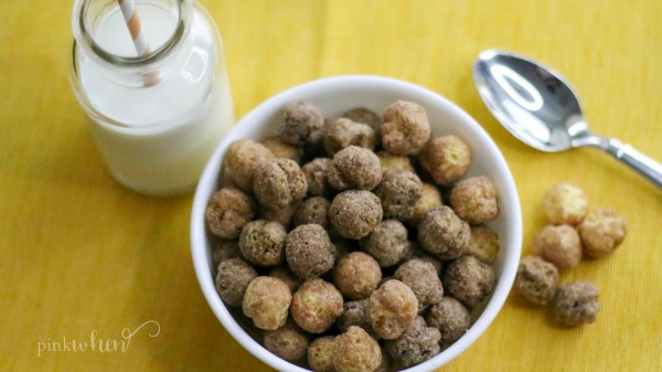 Reese's Puffs Big Puffs Cereal in a white bowl. 